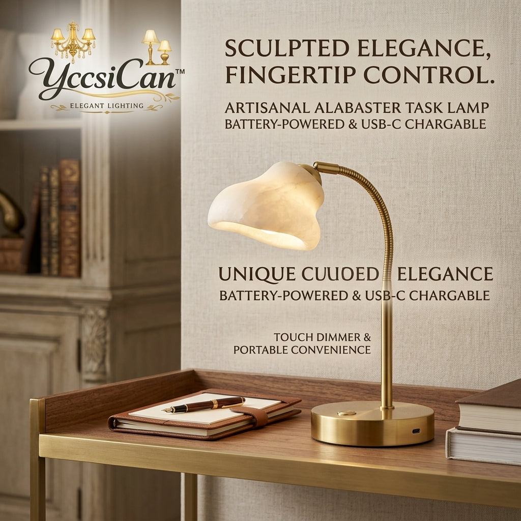 YccsiCan™ Cordless Alabaster LED Desk Lamp, Rechargeable USB-C Table Lamp with Touch Control & Dimmable Brightness, Flexible Gooseneck Brass Reading Light for Bedside, Home Office, and Study