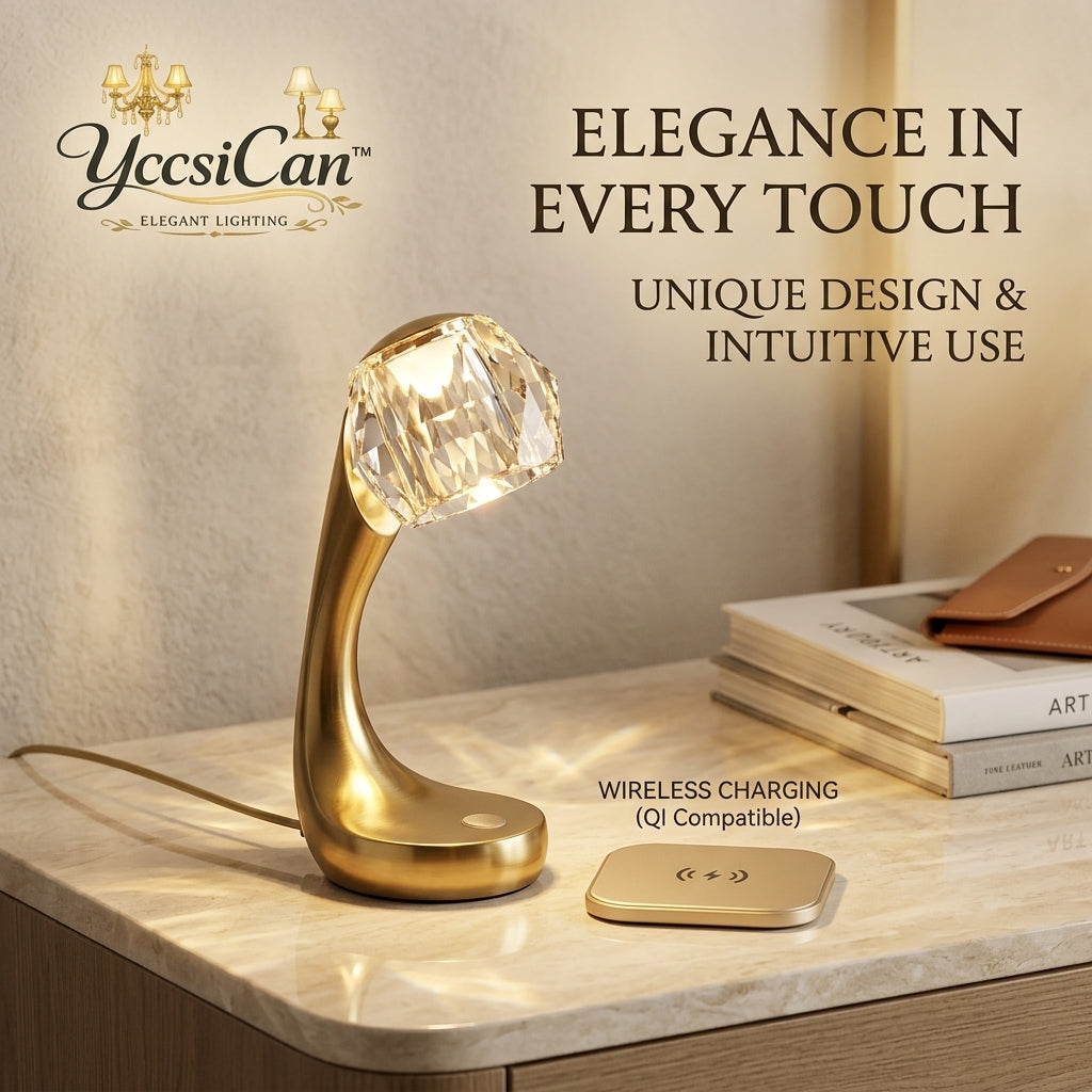 YccsiCan™ Luxury Crystal Table Lamp with Qi Wireless Charging Pad | Elegant Gold Bedside Touch Lamp | Modern Nightstand Light for Bedroom, Living Room, and Office Decor