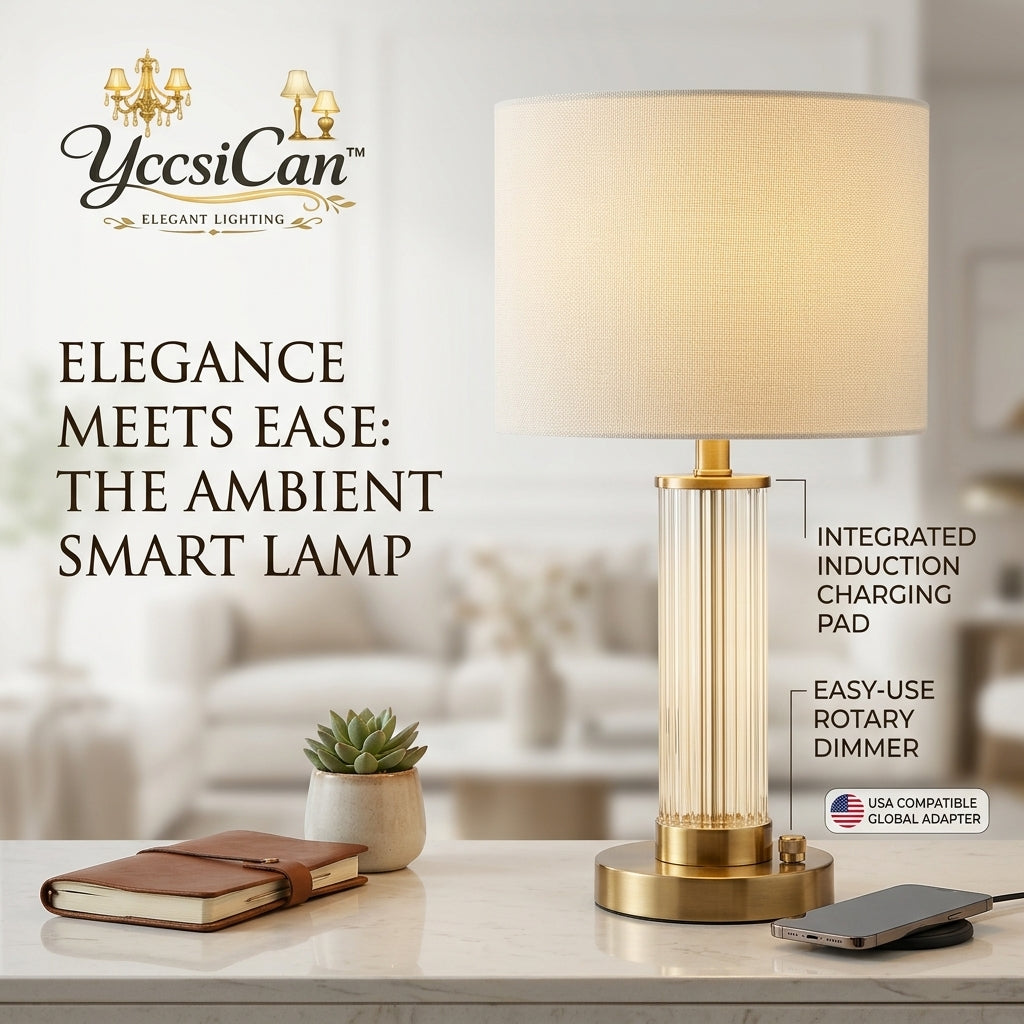 YccsiCan™ Modern Fluted Glass Table Lamp with Integrated Wireless Charging Pad & Rotary Dimmer, Elegant Gold Bedside Nightstand Lamp with Fabric Shade for Bedroom, Living Room, Home Office