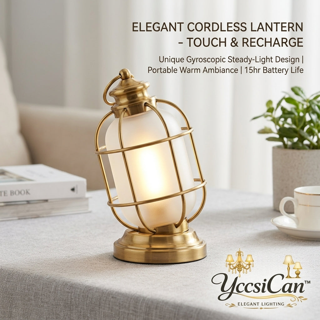 YccsiCan™ Cordless LED Lantern Table Lamp - Rechargeable Brass Night Light with Touch Control & Gyroscopic Steady-Light Design, Portable Ambient Decorative Lamp for Bedside, Living Room, Restaurant, Patio