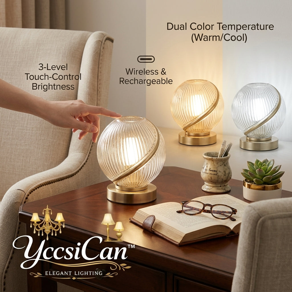 YccsiCan™ Cordless Table Lamp - Rechargeable Ribbed Glass Globe Bedside Lamp, 3-Level Touch Dimmable Nightstand Light, Dual Color Temperature (Warm/Cool) Portable Accent Lamp for Bedroom, Living Room, Patio