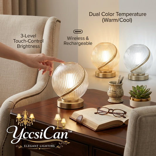 YccsiCan™ Cordless Table Lamp - Rechargeable Ribbed Glass Globe Bedside Lamp, 3-Level Touch Dimmable Nightstand Light, Dual Color Temperature (Warm/Cool) Portable Accent Lamp for Bedroom, Living Room, Patio