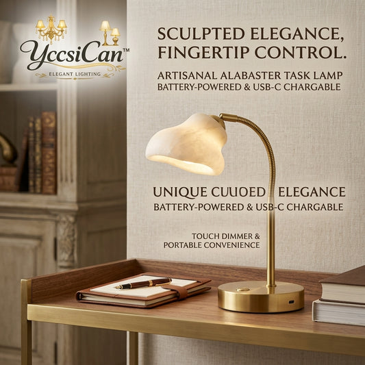 YccsiCan™ Cordless Alabaster LED Desk Lamp, Rechargeable USB-C Table Lamp with Touch Control & Dimmable Brightness, Flexible Gooseneck Brass Reading Light for Bedside, Home Office, and Study