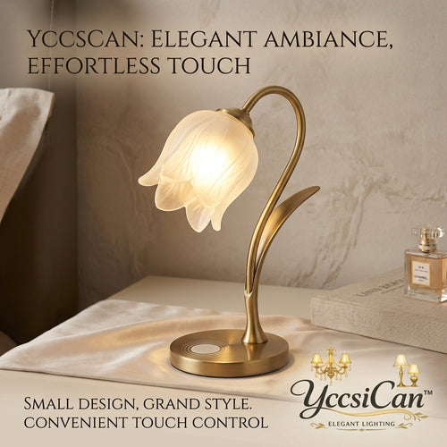 YccsiCan™ Vintage Tulip Glass Table Lamp - Dimmable Touch Control Bedside Lamp with Wireless Charging Base, Elegant Brass Flower Nightstand Light for Bedroom, Living Room, Aesthetic Home Decor Gift