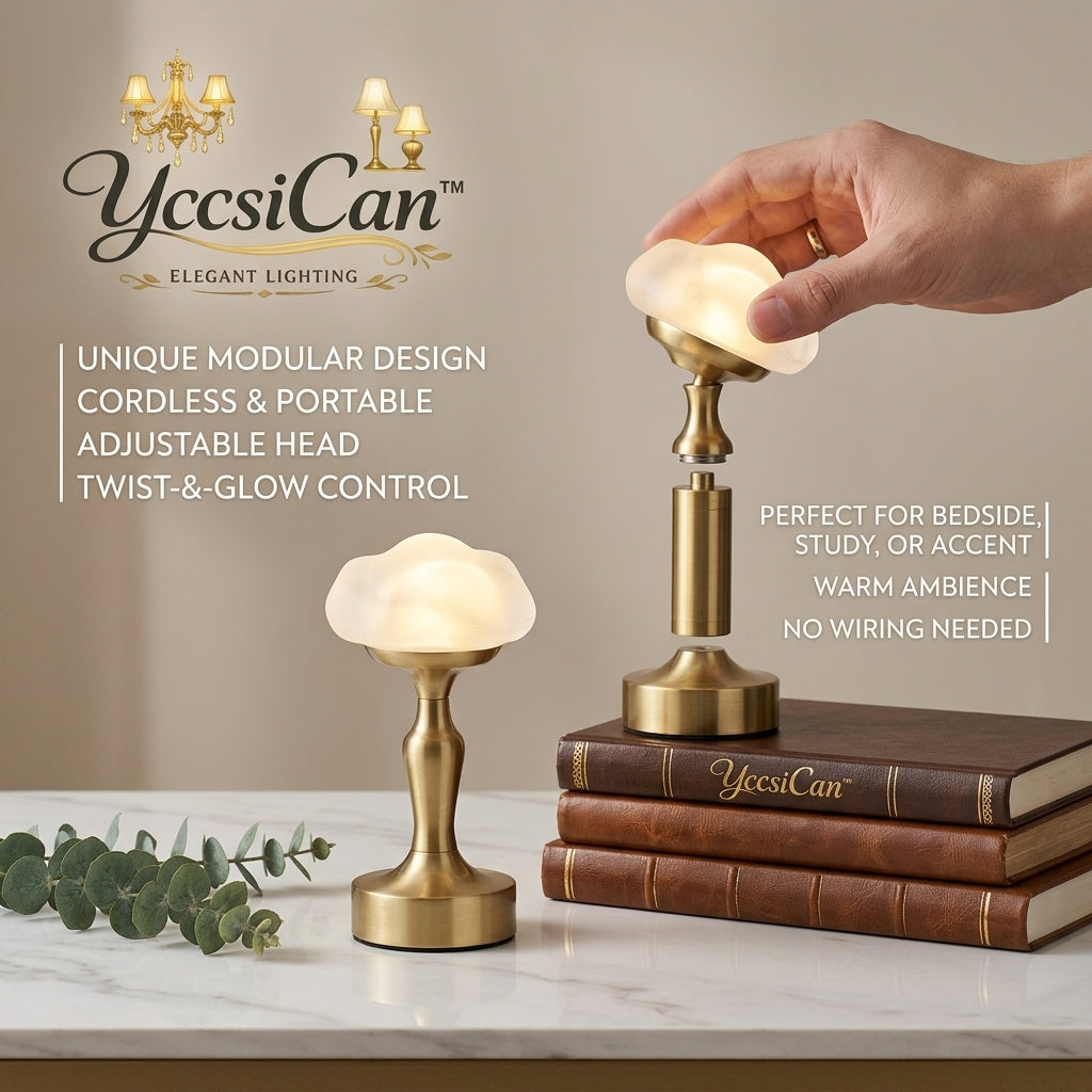 YccsiCan™ Cordless Table Lamp - Modular Rechargeable Bedside Lamp with Adjustable Head & Twist-to-Dim Control, Elegant Brass Accent Light for Bedroom, Living Room, Study