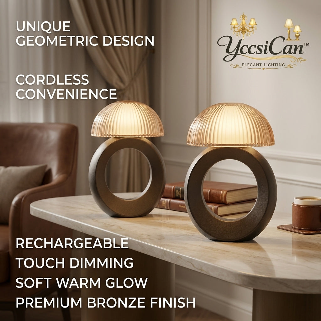 YccsiCan™ Cordless LED Table Lamp - Rechargeable Mushroom Desk Lamp with Touch Sensor Dimming, Modern Geometric Ring Bedside Light, Premium Bronze Finish & Ribbed Glass Shade, Portable Ambient Nightlight for Bedroom, Living Room, Dining Table