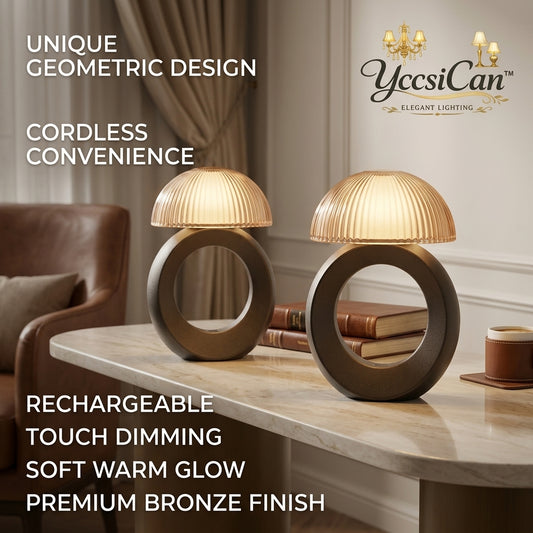 YccsiCan™ Cordless LED Table Lamp - Rechargeable Mushroom Desk Lamp with Touch Sensor Dimming, Modern Geometric Ring Bedside Light, Premium Bronze Finish & Ribbed Glass Shade, Portable Ambient Nightlight for Bedroom, Living Room, Dining Table