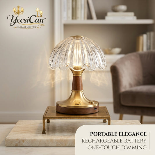 YccsiCan™ Cordless LED Table Lamp - Rechargeable Battery Operated Nightstand Lamp, Vintage Mushroom Lamp with Fluted Glass Shade, Brass & Wood Base, Touch Dimmable Ambient Light for Bedroom, Living Room, Cozy Nook