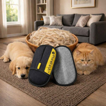 Pet hair remover glove with dog and cat in living room